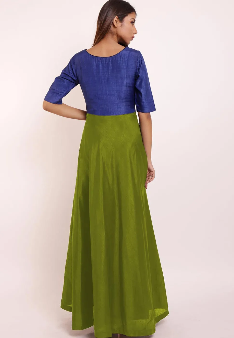 Embroidered Art Silk Asymmetric Gown in Olive Green and Royal Blue