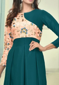 Embroidered Art Silk Asymmetric Kurta in Blue and Peach