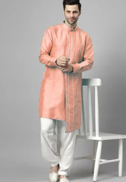 Embroidered Art Silk Asymmetric Kurta Set in Peach