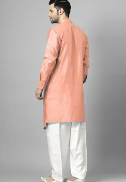 Embroidered Art Silk Asymmetric Kurta Set in Peach