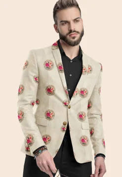 Embroidered Art Silk Blazer in Light Beige