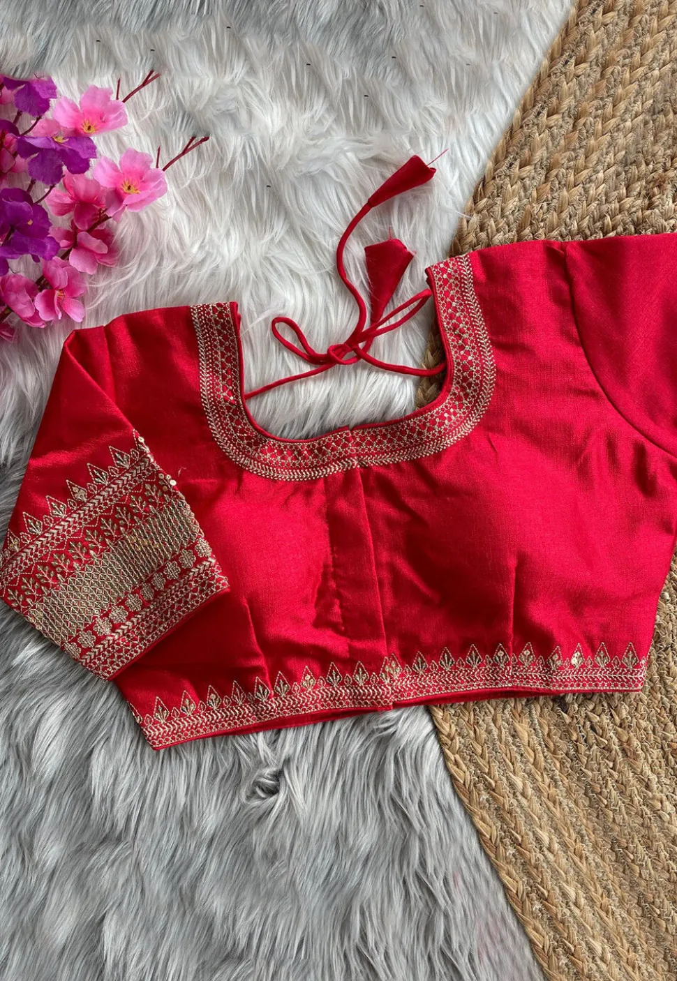 Embroidered Art Silk Blouse in Fuchsia
