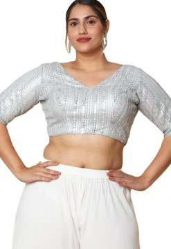 Embroidered Art Silk Blouse in Silver