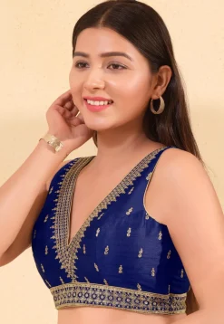 Embroidered Art Silk Blouse in Navy Blue