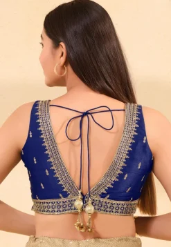 Embroidered Art Silk Blouse in Navy Blue