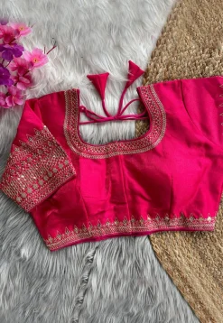 Embroidered Art Silk Blouse in Fuchsia