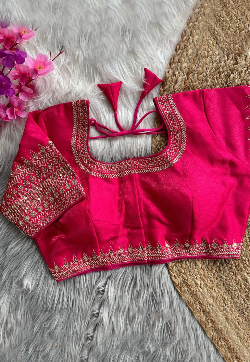 Embroidered Art Silk Blouse in Fuchsia