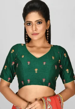 Embroidered Art Silk Blouse in Dark Green