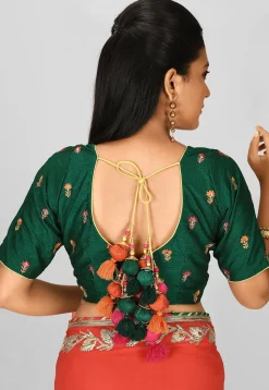 Embroidered Art Silk Blouse in Dark Green