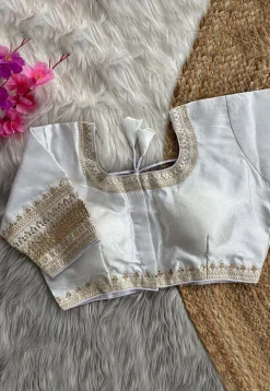 Embroidered Art Silk Blouse in Off White