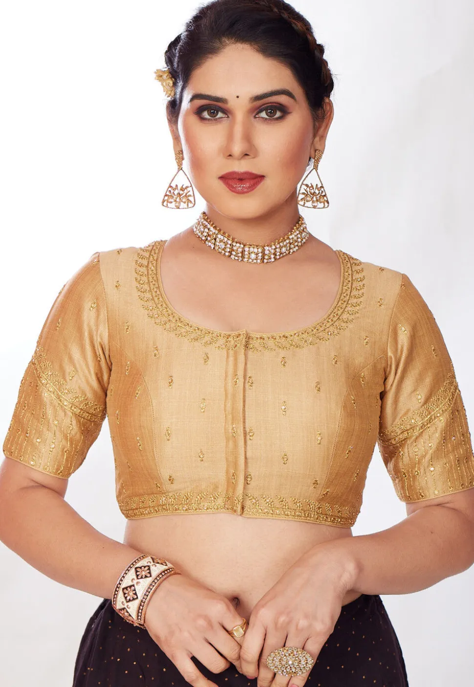 Embroidered Art Silk Blouse in Beige