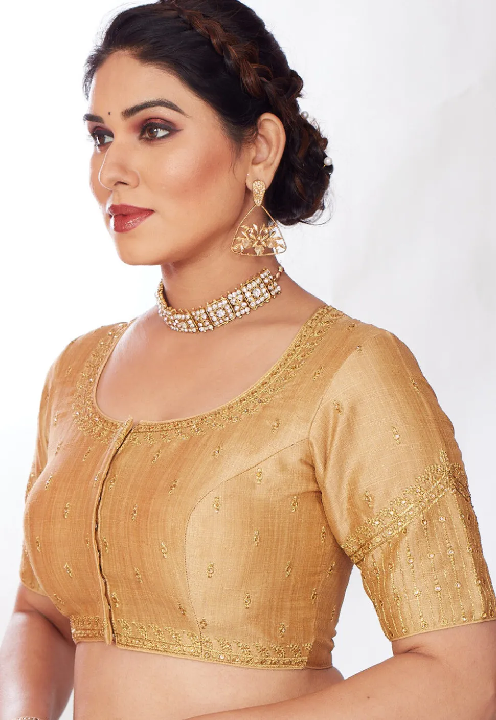 Embroidered Art Silk Blouse in Beige
