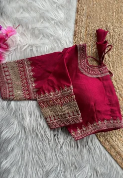 Embroidered Art Silk Blouse in Fuchsia