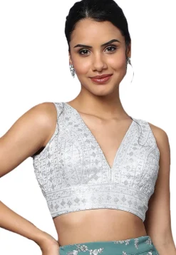 Embroidered Art Silk Blouse in Silver