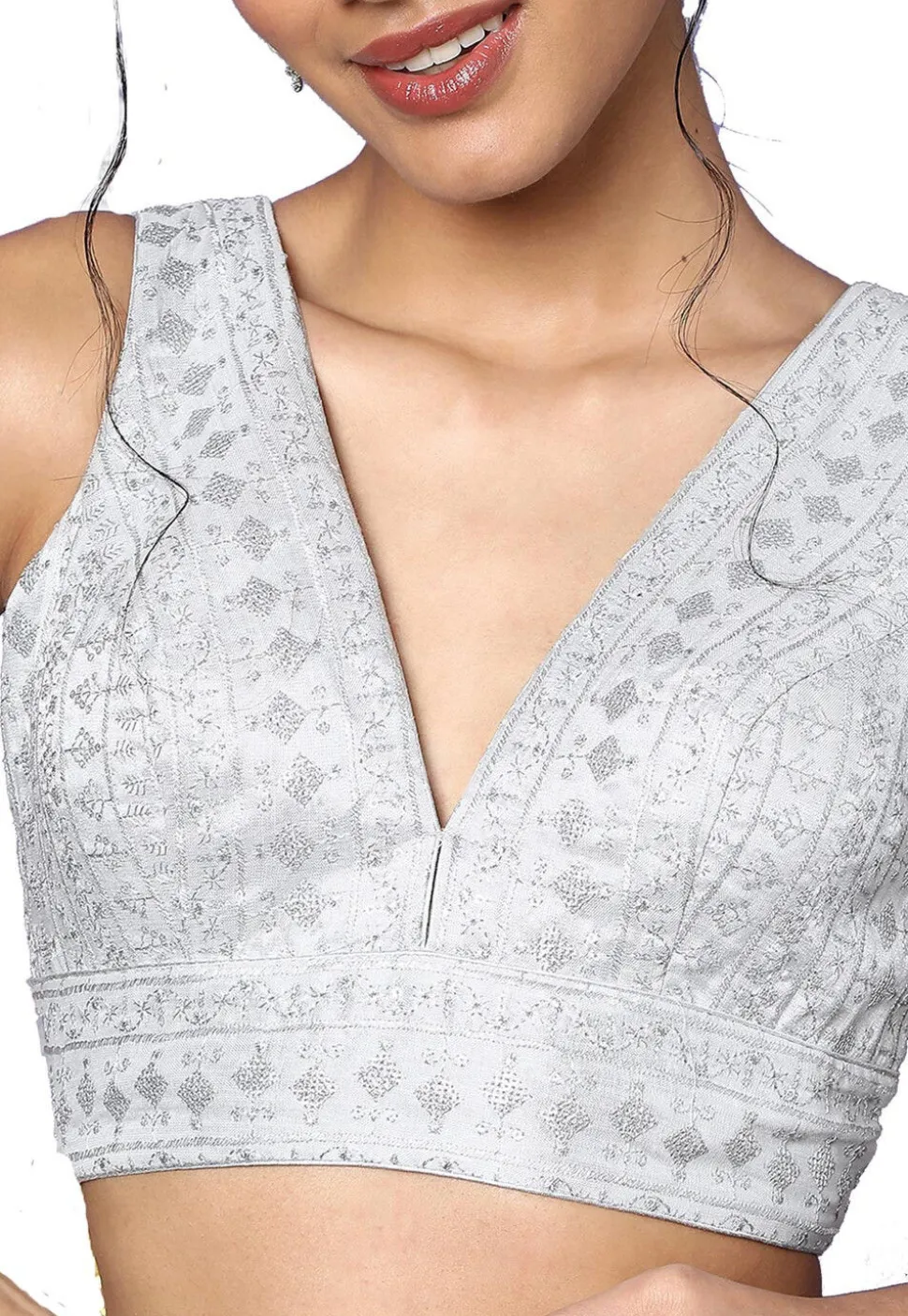 Embroidered Art Silk Blouse in Silver