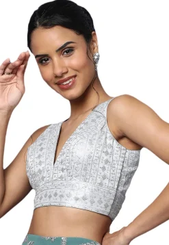 Embroidered Art Silk Blouse in Silver