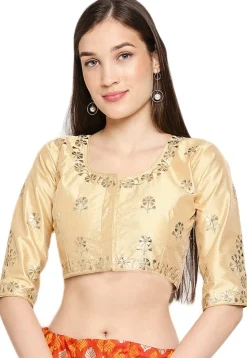 Embroidered Art Silk Blouse in Beige