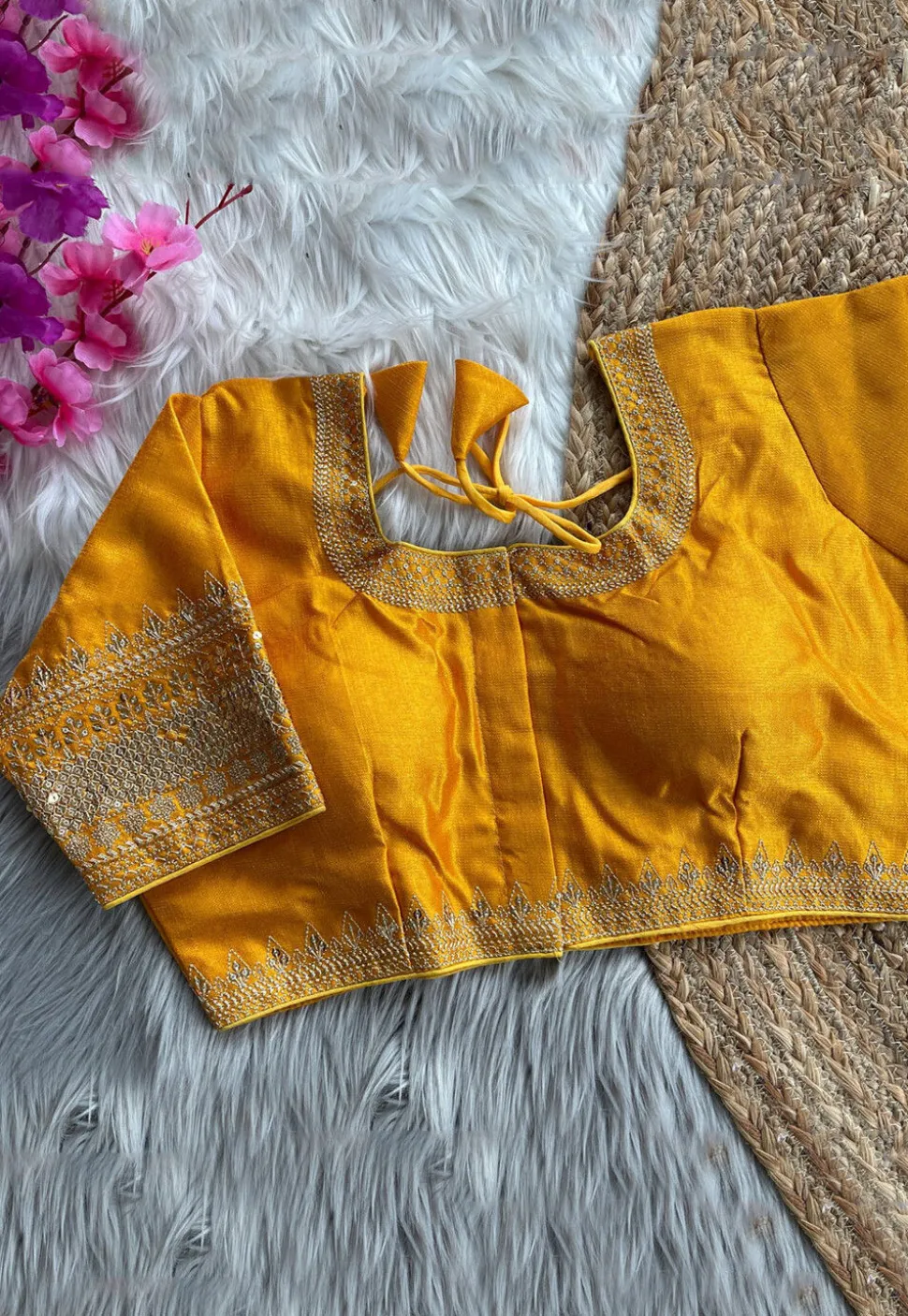 Embroidered Art Silk Blouse in Mustard