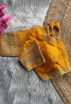 Embroidered Art Silk Blouse in Mustard