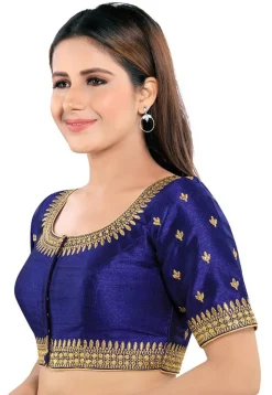 Embroidered Art Silk Blouse in Navy Blue