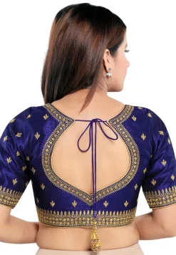 Embroidered Art Silk Blouse in Navy Blue