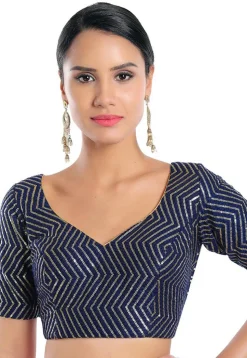 Embroidered Art Silk Blouse in Navy Blue