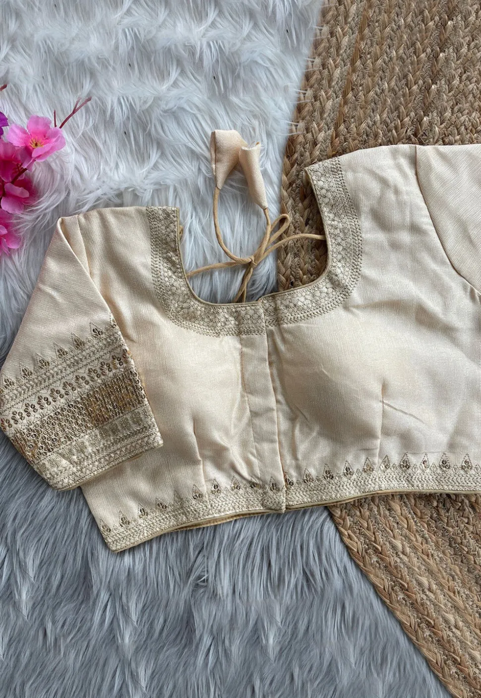 Embroidered Art Silk Blouse in Cream