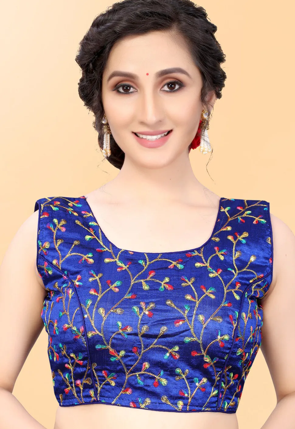 Embroidered Art Silk Blouse in Royal Blue