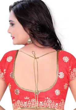 Embroidered Art Silk Blouse in Coral Pink
