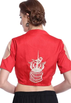 Embroidered Art Silk Blouse in Red