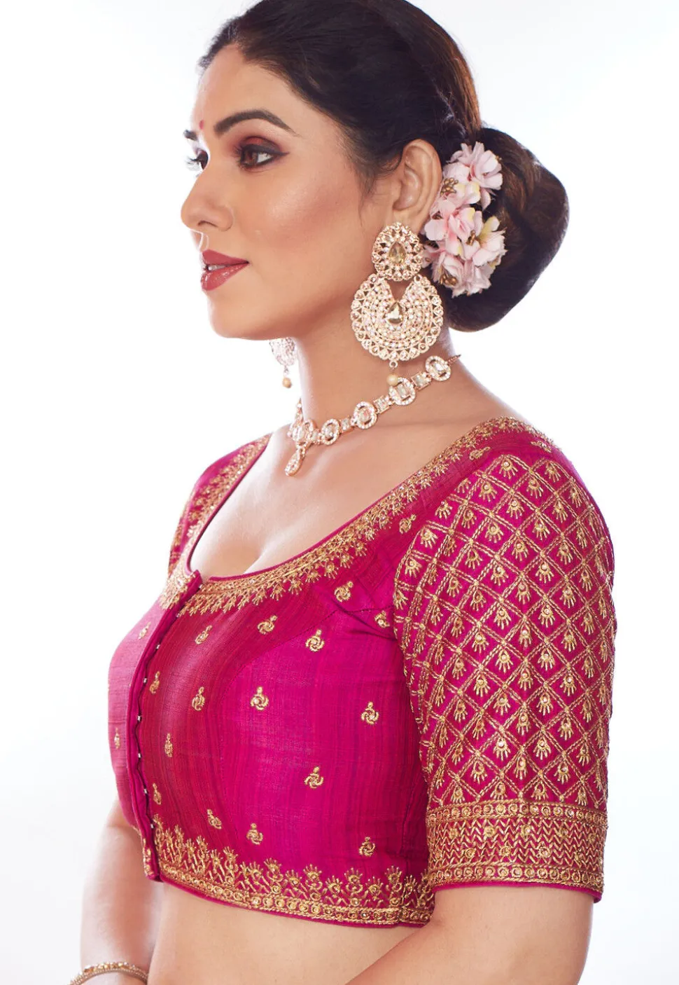 Embroidered Art Silk Blouse in Magenta