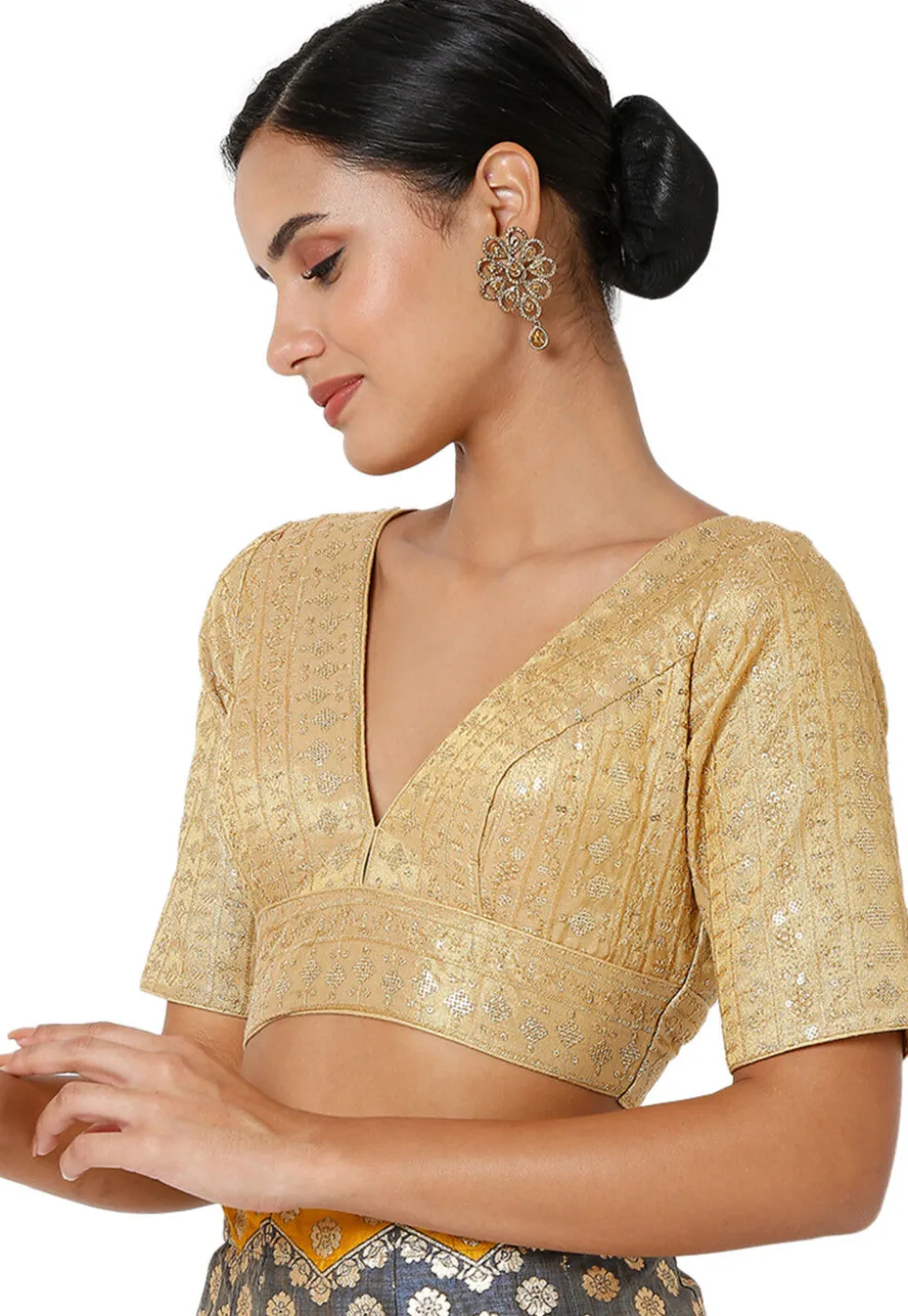 Embroidered Art Silk Blouse in Golden