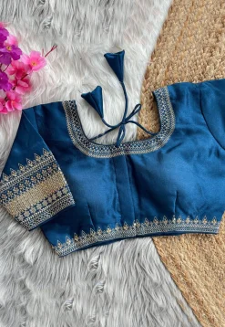 Embroidered Art Silk Blouse in Teal Blue