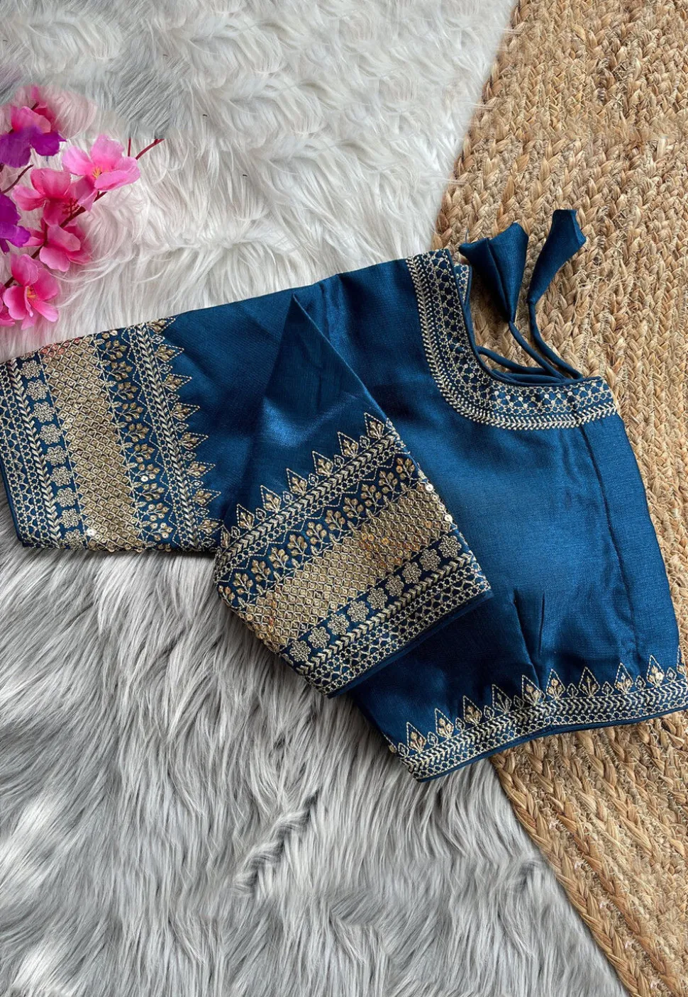 Embroidered Art Silk Blouse in Teal Blue