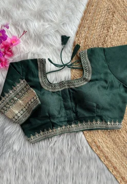 Embroidered Art Silk Blouse in Dark Green