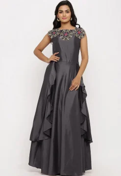 Embroidered Art Silk Cascade Pleated Gown in Grey