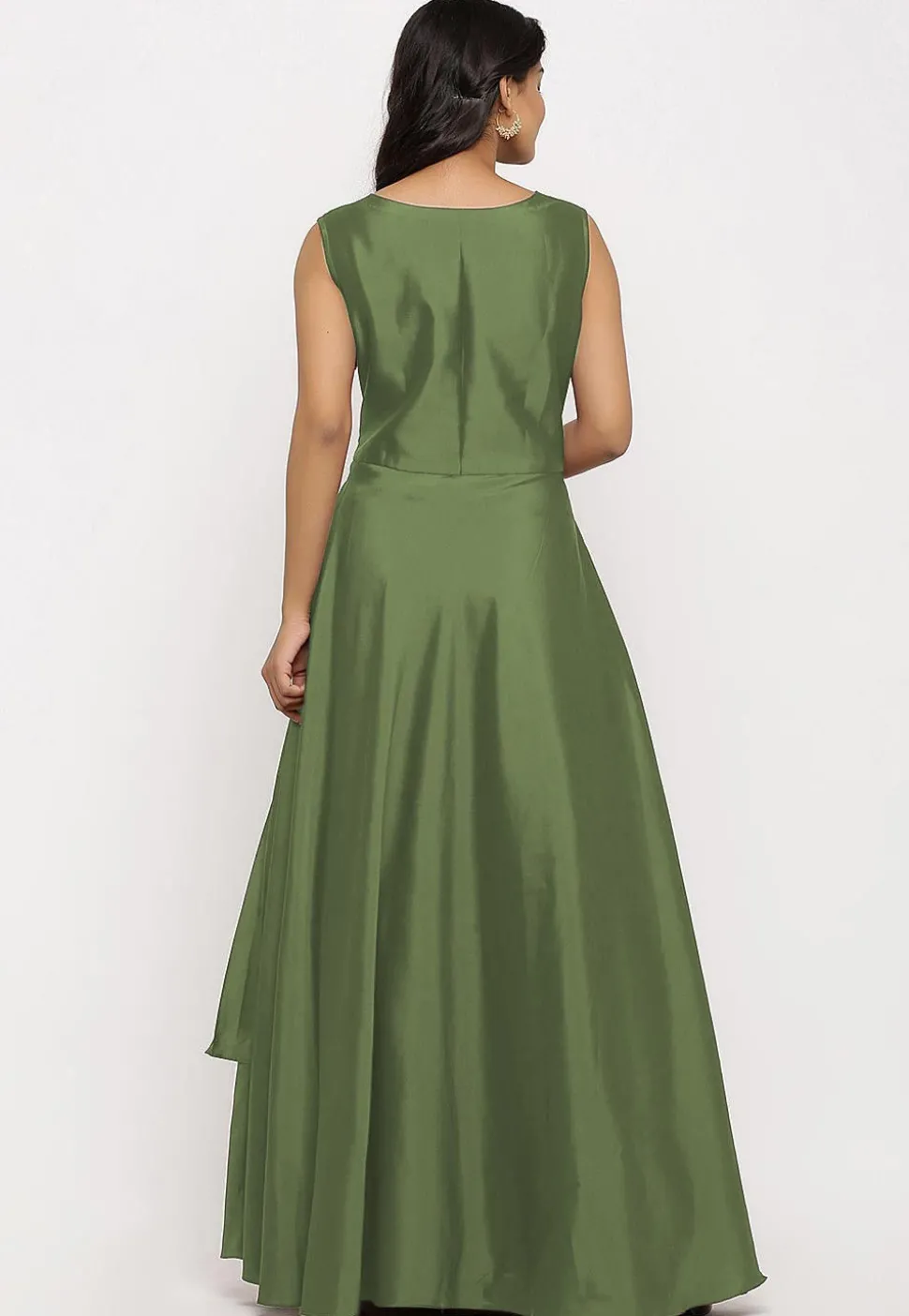 Embroidered Art Silk Cascade Pleated Gown in Dusty Green