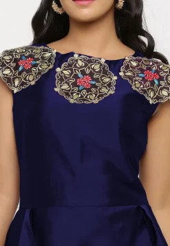 Embroidered Art Silk Cascade Pleated Gown in Navy Blue