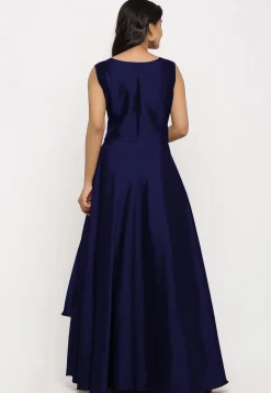 Embroidered Art Silk Cascade Pleated Gown in Navy Blue