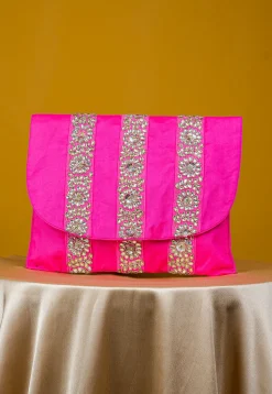 Embroidered Art Silk Clutch Bag in Fuchsia