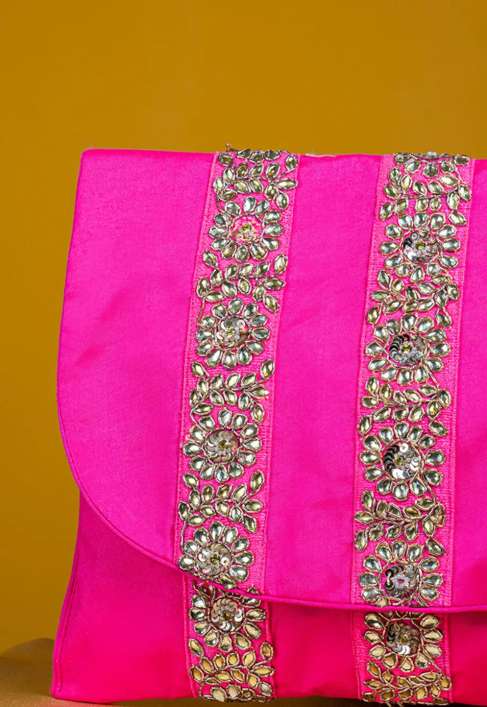 Embroidered Art Silk Clutch Bag in Fuchsia
