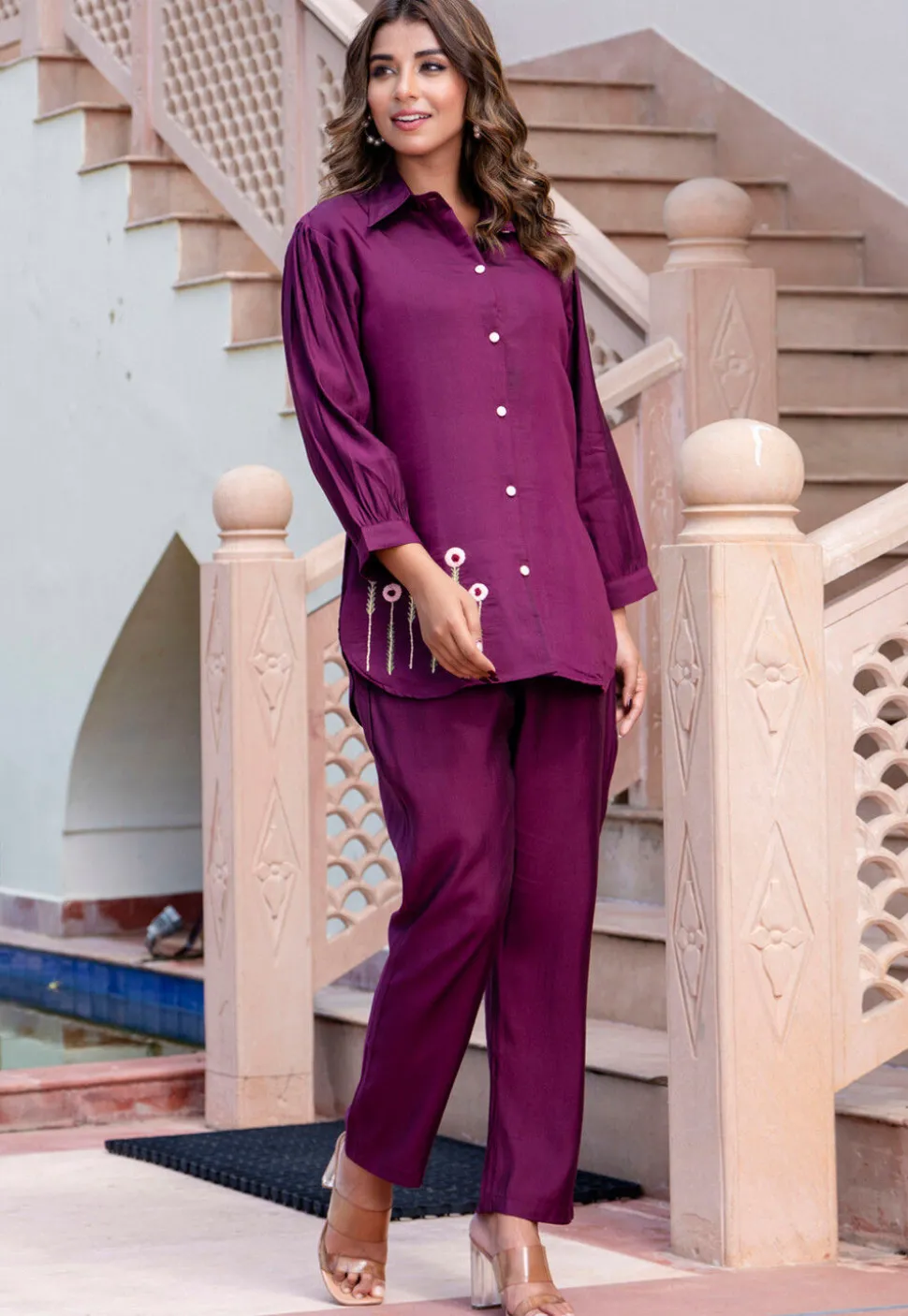 Embroidered Art Silk Co Ord Set in Purple