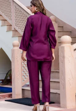Embroidered Art Silk Co Ord Set in Purple