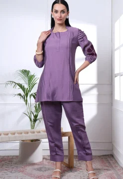Embroidered Art Silk Co Ord Set in Purple