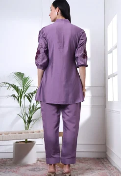 Embroidered Art Silk Co Ord Set in Purple