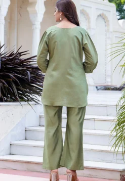 Embroidered Art Silk Co Ord Set in Light Green