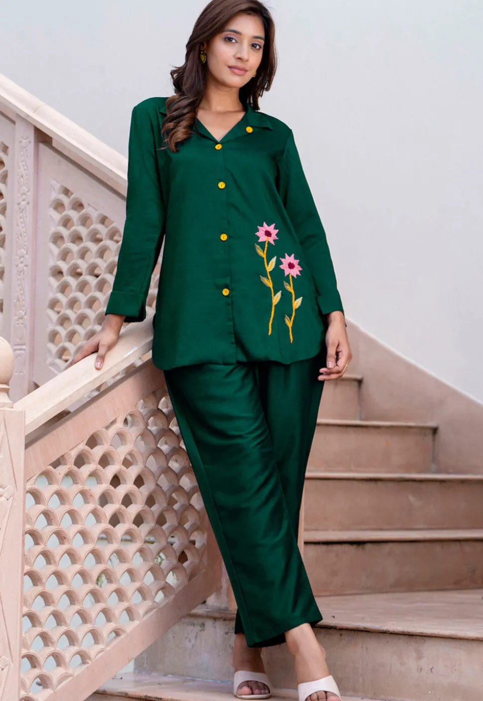 Embroidered Art Silk Co Ord Set in Green