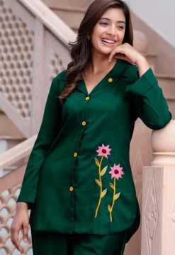 Embroidered Art Silk Co Ord Set in Green