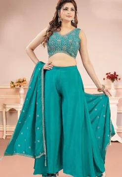 Embroidered Art Silk Crop Top Set in Turquoise
