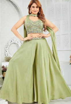 Embroidered Art Silk Crop Top Set in Light Green